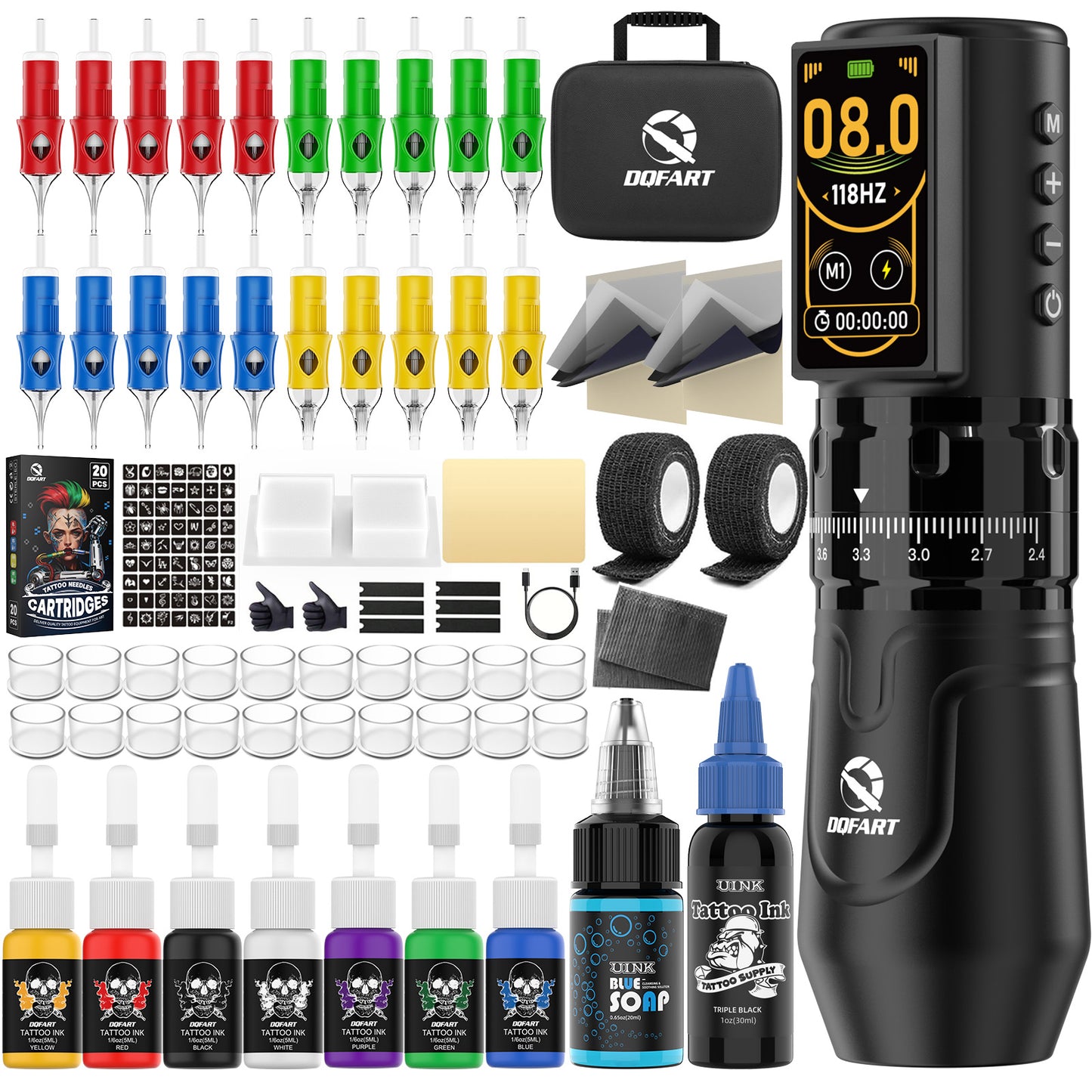 DOFART Complete Wireless Tattoo Pen Kit - All-in-One Starter Set with Cartridges, Inks, Practice Skin & Supplies for Beginners